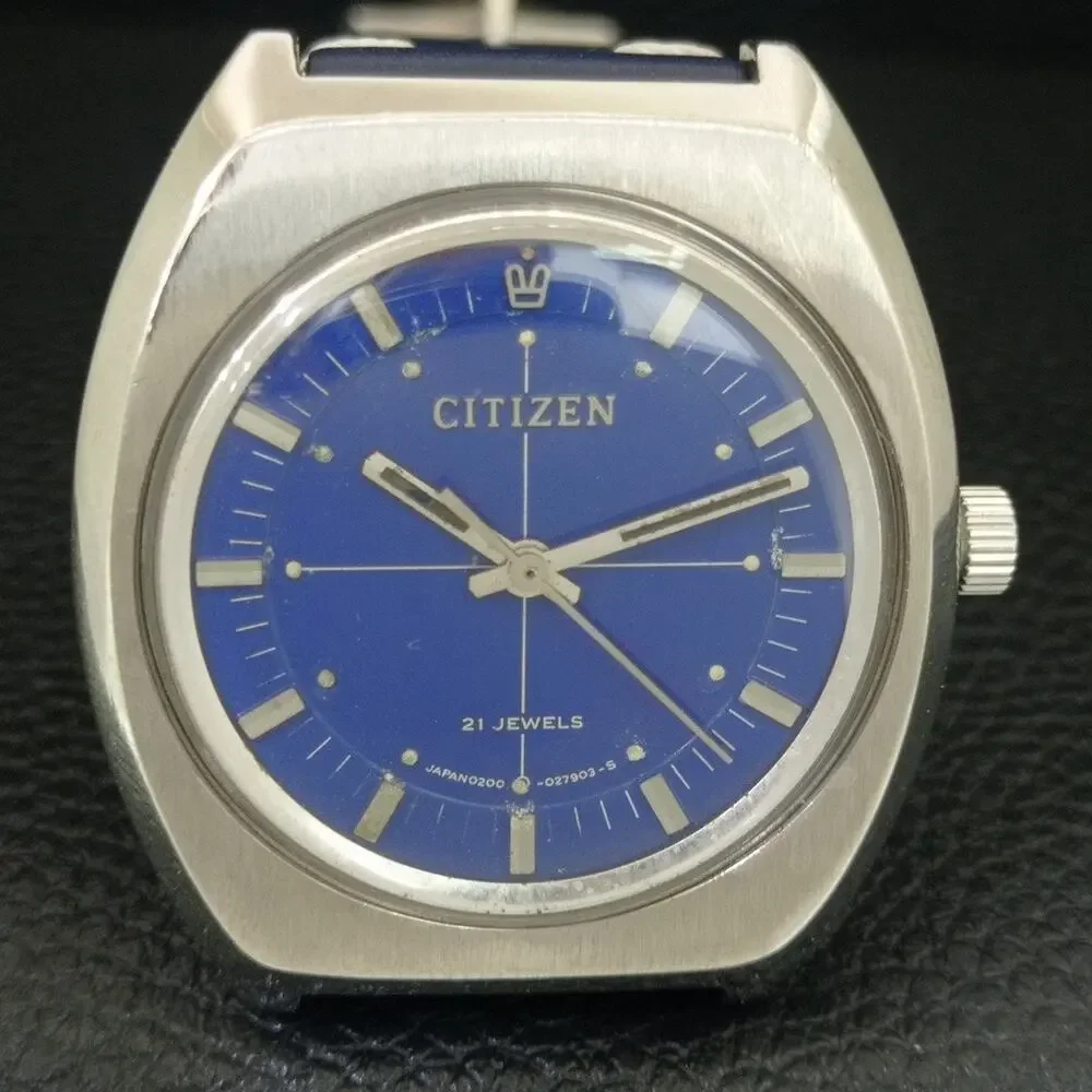 Vintage 1980 Citizen Manual Wound Mens Silver Watch & Blue accents